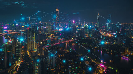 Smart digital Innovation city with connection network reciprocity over the cityscape. of future smart wireless digital city and social media networking systems that connects people with in city
