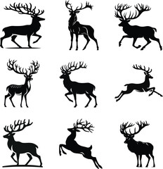 Fototapeta premium silhouette set of a deer Reindeer with antlers , Black and white silhouette deer jumping vector art style with white background . 