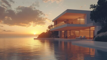 Fototapeta premium A modern villa with an infinity pool and terrace overlooking the sea