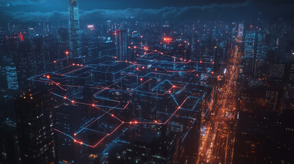 Obraz premium Smart digital Innovation city with connection network reciprocity over the cityscape. of future smart wireless digital city and social media networking systems that connects people with in city