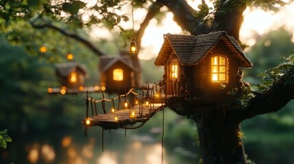 Enchanting Treetop Houses Magical Bridge Fairy Tale Scene Night Lights
