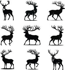 Stylish Reindeer Silhouette set in Motion, Graceful Elk Silhouette - Vector Art, Antlered Deer vector art style with white background.