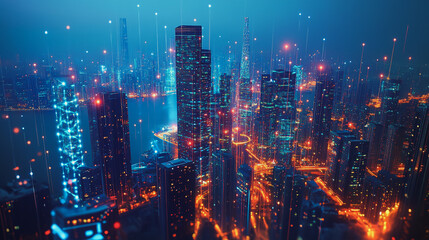 Fototapeta premium Smart digital Innovation city with connection network reciprocity over the cityscape. of future smart wireless digital city and social media networking systems that connects people with in city