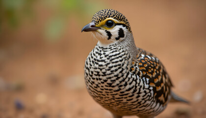 Fototapeta premium Close-up of a beautifully patterned quail with intricate feather details against a soft brown background 