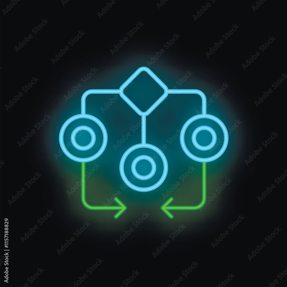 Poster blue and green neon algorithm representing machine learning process on black background