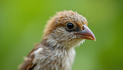 Fototapeta premium Close-up of a young sparrow with soft feathers and a curious expression against a blurred green background