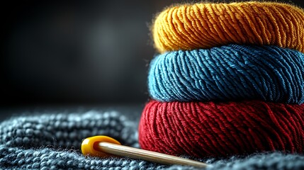 Colorful Yarn Balls Stacked With Crochet Hook