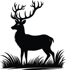Deer in the forest, Elegant Deer Silhouette with Antlers on white background.