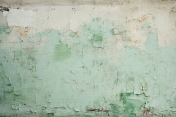 An old, distressed green wall featuring large patches of peeling paint, revealing a faded base color beneath, complemented by natural light creating soft shadows that emphasize the texture.