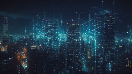 Smart digital Innovation city with connection network reciprocity over the cityscape. of future smart wireless digital city and social media networking systems that connects people with in city