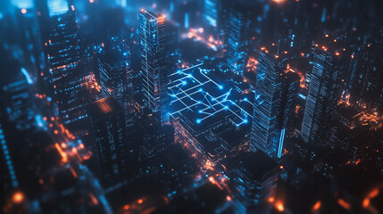 Fototapeta premium Smart digital Innovation city with connection network reciprocity over the cityscape. of future smart wireless digital city and social media networking systems that connects people with in city