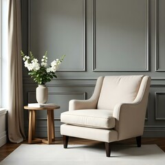 A cozy and elegant living room with a beige armchair, a wooden side table with a vase of white flowers, and a gray paneled wall