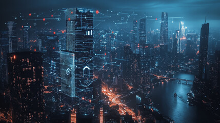 Fototapeta premium Smart digital Innovation city with connection network reciprocity over the cityscape. of future smart wireless digital city and social media networking systems that connects people with in city