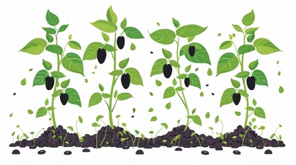 Black Bean Trees Garden Growth Flat Vector Illustration