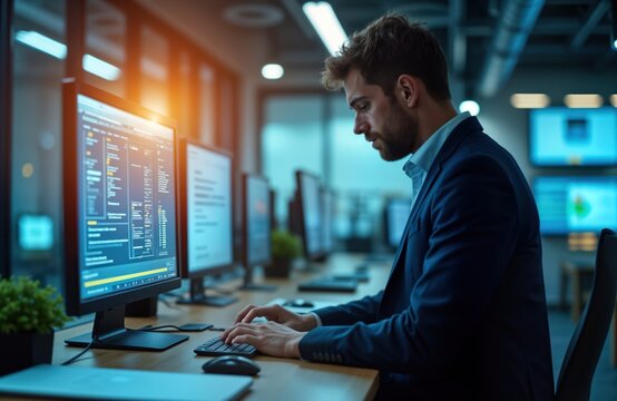 Businessman working on computer. Focused man in suit working at workstation. Modern office environment with multiple computers. Person typing code. Technology, business, quality assurance,