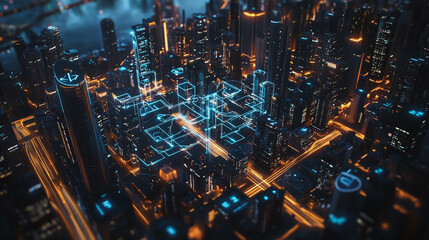 Smart digital Innovation city with connection network reciprocity over the cityscape. of future smart wireless digital city and social media networking systems that connects people with in city