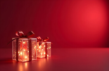 Two transparent gifts on a red background containing a beautiful shimmering garland , with plenty of free space on the right .