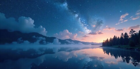 Obraz premium Elegant white vapor rises from tranquil lake under starry sky, stars, calm