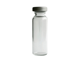 A traditional glass medical vial with a rubber stopper, filled with a transparent liquid, isolated on a white background