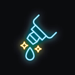 Neon icon of a glue bottle pouring a drop of glue with sparkles around it, on a black background