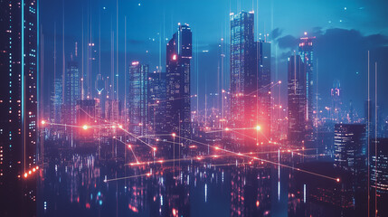 Obraz premium Smart digital Innovation city with connection network reciprocity over the cityscape. of future smart wireless digital city and social media networking systems that connects people with in city