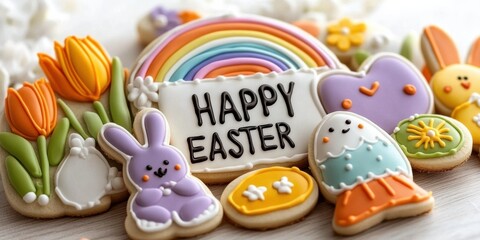 Colorful Easter Cookies Delightfully Featuring a Bunny, Vibrant Eggs, and Beautiful Flowers Set Against a Cheerful Rainbow Background, Perfect for Celebrating This Joyous Holiday Season
