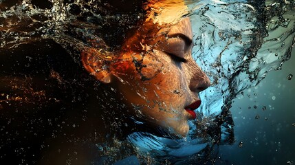 A close-up surreal portrait of a woman's face blending seamlessly with water. connection to nature. transformation,  between human beauty and natural elements. For cosmetic products adverb