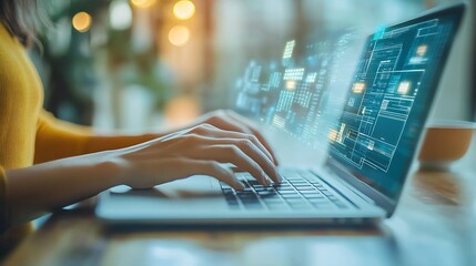 A close-up shows hands typing on a laptop, with digital overlays suggesting technology. The image is one of several similar photos available for a technology related submission.


