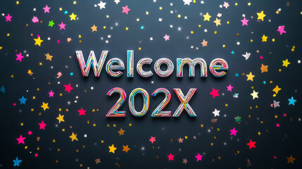 Welcome 202x text celebrating new year with colorful stars and confetti