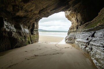 A dark cave frames a sandy beach scene, where the sea meets the sand, suggesting a quiet solitude amidst nature’s wonders, prompting introspection and reflection.