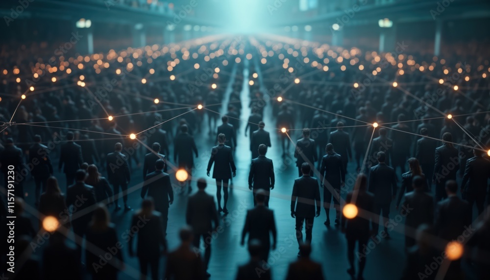 Poster Aerial view of large crowd moving forward. People wear dark suits. Visible network of connections between. Futuristic concept of global communication, interconnected society. Complex tech structure