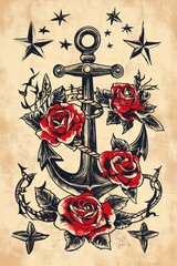 Bold anchor entwined with vibrant roses and stars, evoking nauti