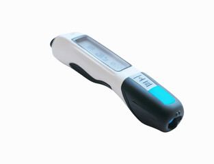A front-view of a thermometer gun, typically used for contactless temperature checks, isolated on a white background for a clear medical look