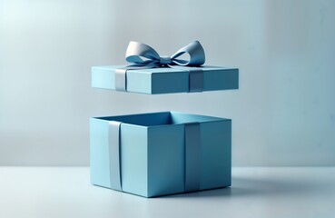 Elegant light blue gift box with open lid. Empty space inside. Stylish minimalist studio shot. Floating lid. Suggests anticipation surprise for special occasion like birthday anniversary holiday.