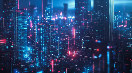 Obraz premium Smart digital Innovation city with connection network reciprocity over the cityscape. of future smart wireless digital city and social media networking systems that connects people with in city