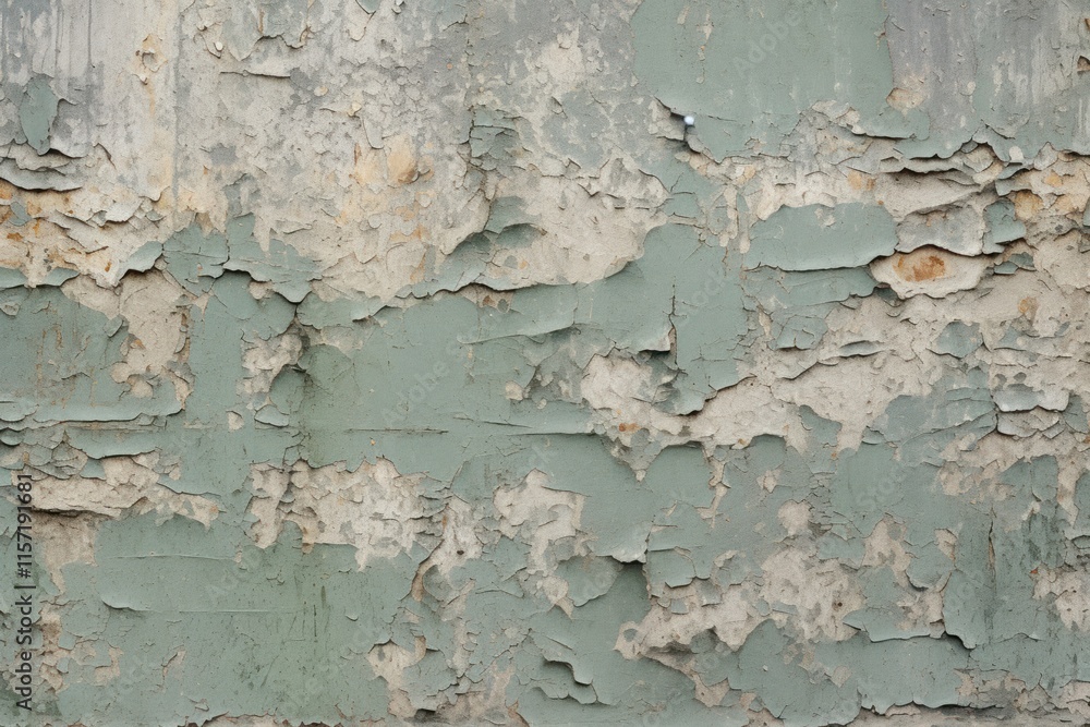 Poster close-up of a weathered green wall with significant peeling paint, showcasing layers of textured dec