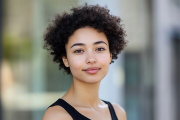 Fototapeta premium Radiant young woman with curly hair, exuding confidence and warm