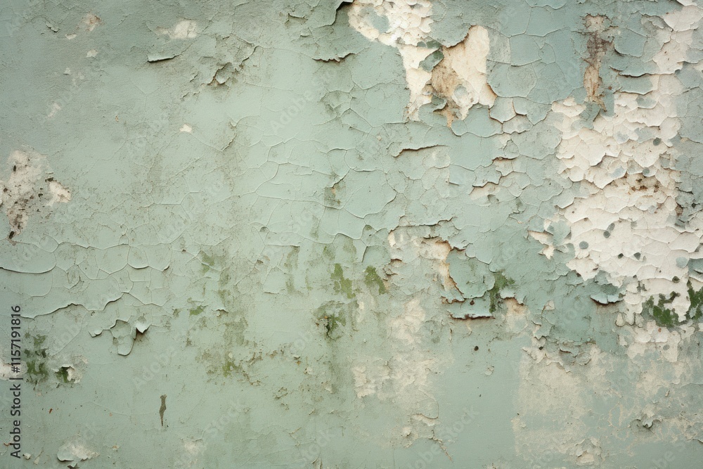 Poster close-up of a weathered green wall with significant peeling paint, showcasing layers of textured dec