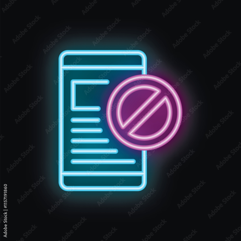 Poster neon icon of a smartphone with a stop sign, representing forbidden content and restricted access