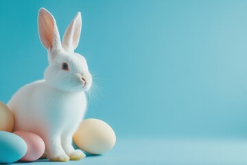 Fototapeta premium A cute little white rabbit is surrounded by an array of pastelcolored eggs, which beautifully symbolize the joy and cheerful spirit of the delightful Easter celebration and holiday festivities