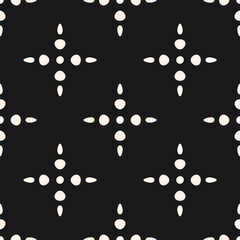 Simple minimal seamless pattern. Abstract floral geometric texture with dots, flower silhouettes, stars. Black and white ornament. Vector minimalist background. Dark repeated design for decor, cover