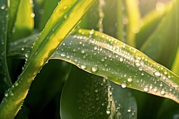 Close-up view of dew-covered corn leaves illuminated by the first light of day, showcasing intricate details of the plants texture and droplets sparkling in the sunlight. 