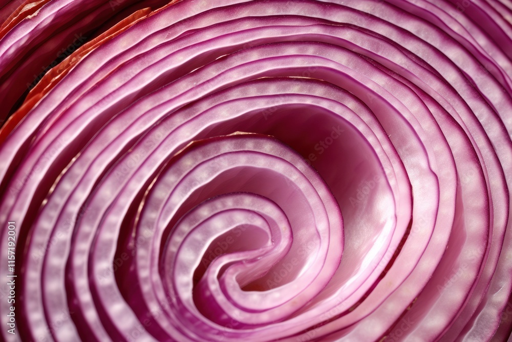 Poster close-up view of the surface texture of a sliced red onion, displaying the natural curves and vibran