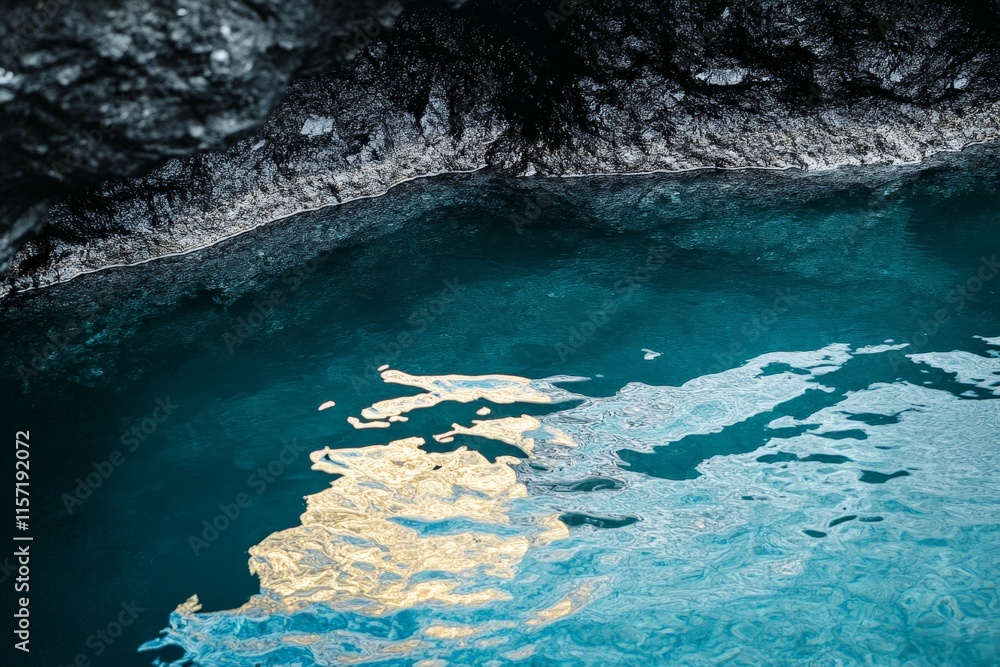 Poster An enchanting cave with deep blue water reflecting various light patterns against its rugged dark walls, creating a surreal mix of shadows and highlights in the water surface.