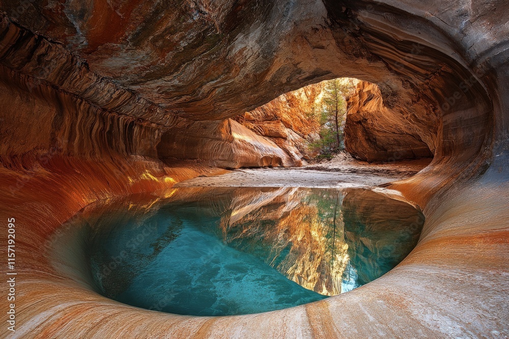 Poster a breathtaking canyon cave where sunlight pours through, illuminating the multi-colored walls and ca