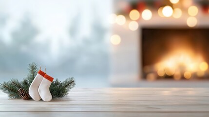 Obraz premium Cozy Christmas Setting with Stockings and Pine Branches