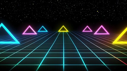 Retro futuristic landscape with glowing triangles and grid.