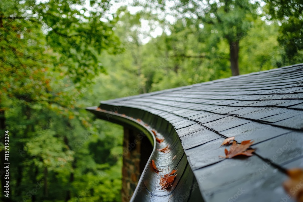 Aufkleber an image depicting a serene rooftop with scattered autumn leaves, reflects a tranquil scene of lush 