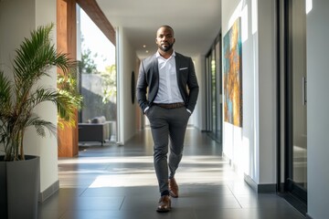 Fototapeta premium A man in formal attire confidently walks through an elegant and stylish hallway, conveying a strong sense of purpose and professionalism in the contemporary setting.