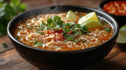 Steaming bowl of spicy noodle soup with lime wedges and cilantro.
